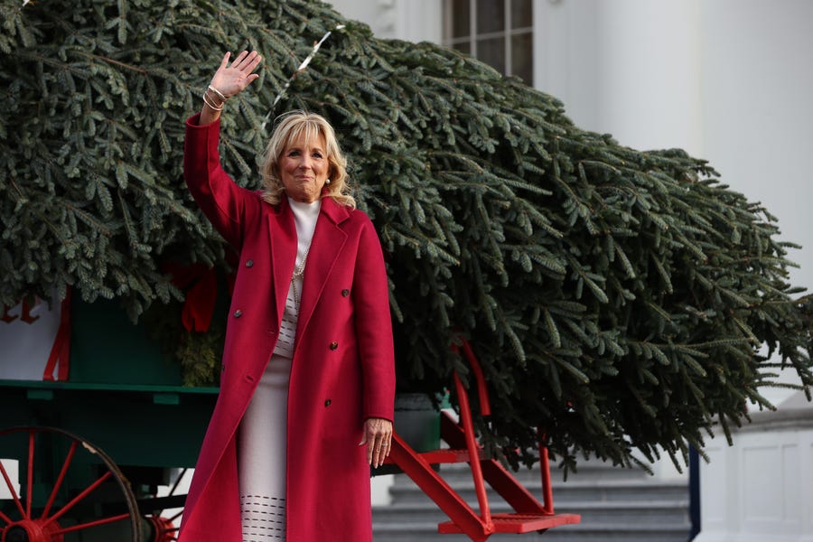 The annual arrival of the official Christmas tree is the traditional start of the holiday season at the White House. First lady Jill Biden kicked off the festivities by receiving the huge tree on a horse-drawn wagon at the North Portico of the White House on Nov. 22, 2021.