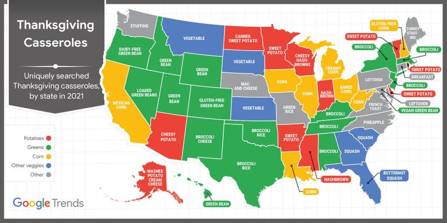 Uniquely searched Thanksgiving casseroles by state in 2021