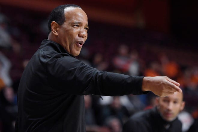 North Carolina State head coach Kevin Keatts gestures in the first half of an NCAA college basketball game against Oklahoma State, Wednesday, Nov. 17, 2021, in Uncasville, Conn.