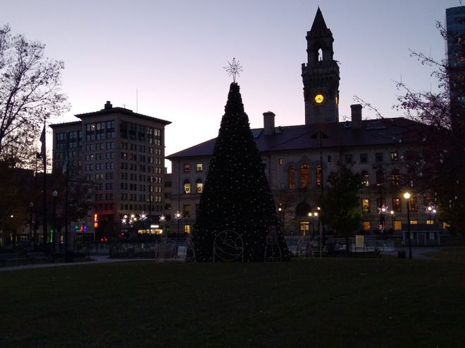 The Worcester Common at twilight, a few days before Thanksgiving.