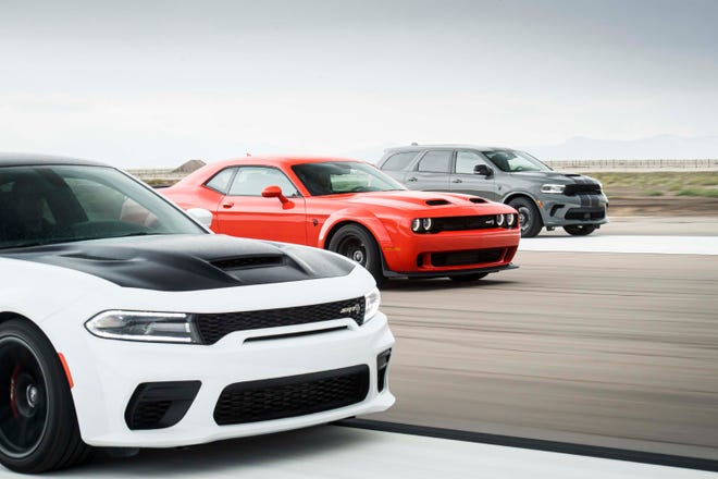 Dodge is discontinuing the Hellcat engine tha thas been stuffed into the 2021 Charger SRT Hellcat Redeye, 2020 Challenger SRT Super Stock, and 2021 Durango SRT Hellcat (left to right). The Durango Hellcat will end in 2021 - the muscle cars in 2023.