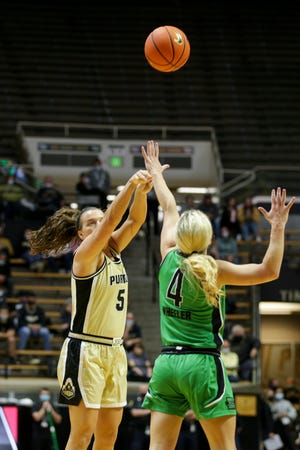 Purdue guard Cassidy Hardin (5) goes up for a 3-pointer above Marshall guard Savannah Wheeler (4) during the second quarter of an NCAA women's basketball game, Monday, Nov. 22, 2021 at Mackey Arena in West Lafayette.
