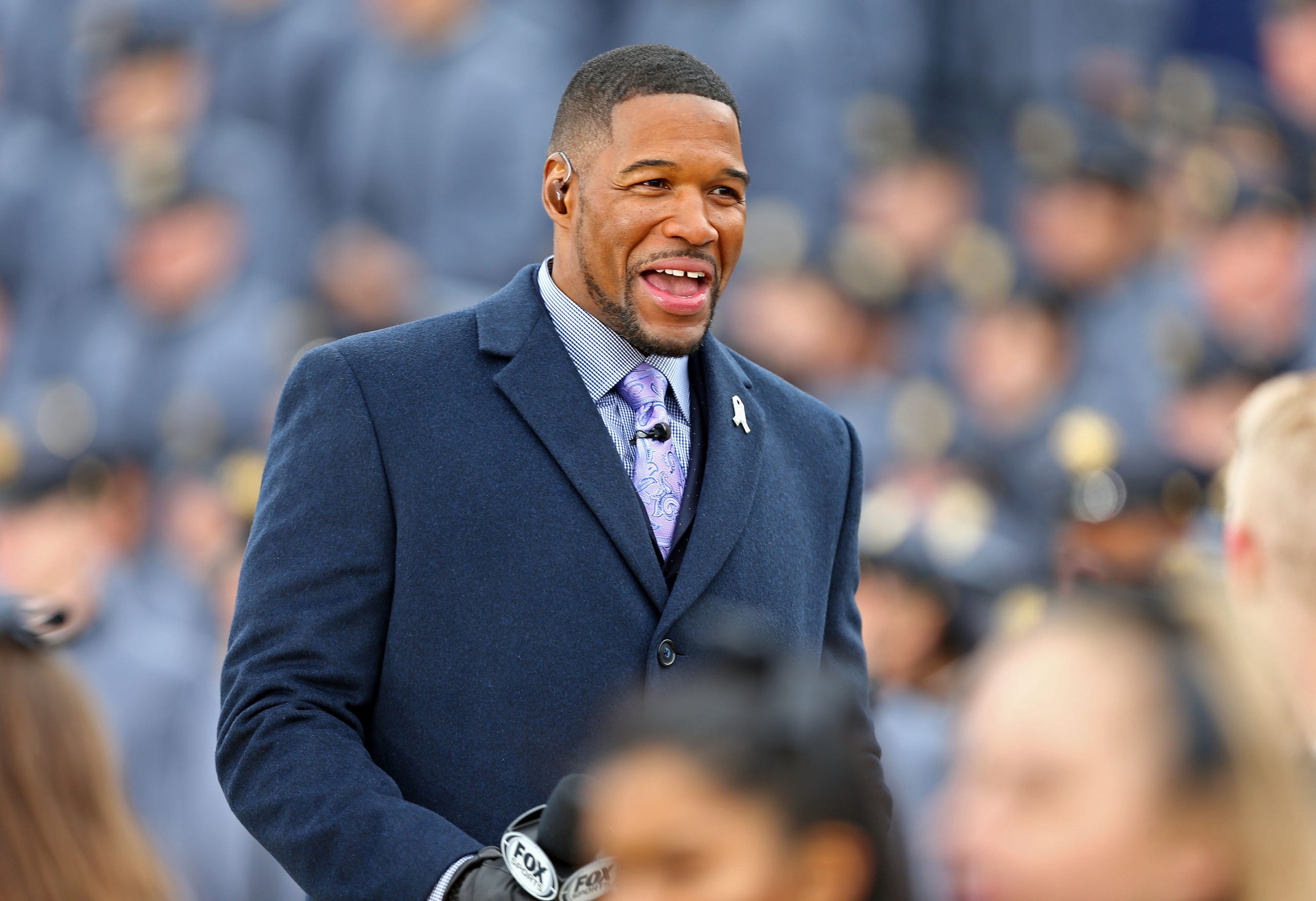 Fox NFL Sunday analyst Michael Strahan smiles during filming at the United States Military Academy.