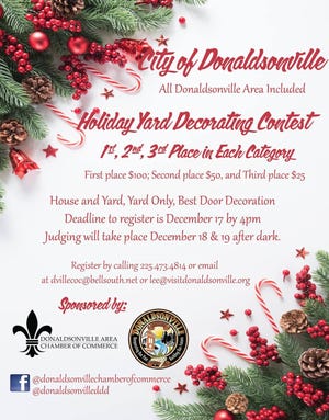 The City of Donaldsonville will hold its holiday yard decorating contest in December.