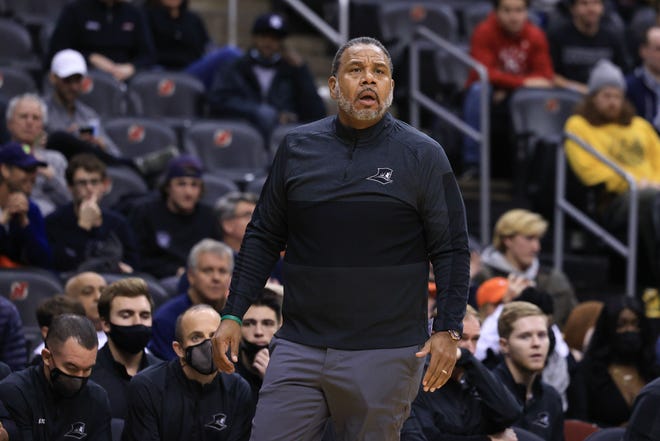 Nov 23, 2021; Newark, NJ, USA; Providence Friars head coach Ed Cooley looks on during the first half against the Virginia Cavaliers at Prudential Center. Mandatory Credit: Vincent Carchietta-USA TODAY Sports