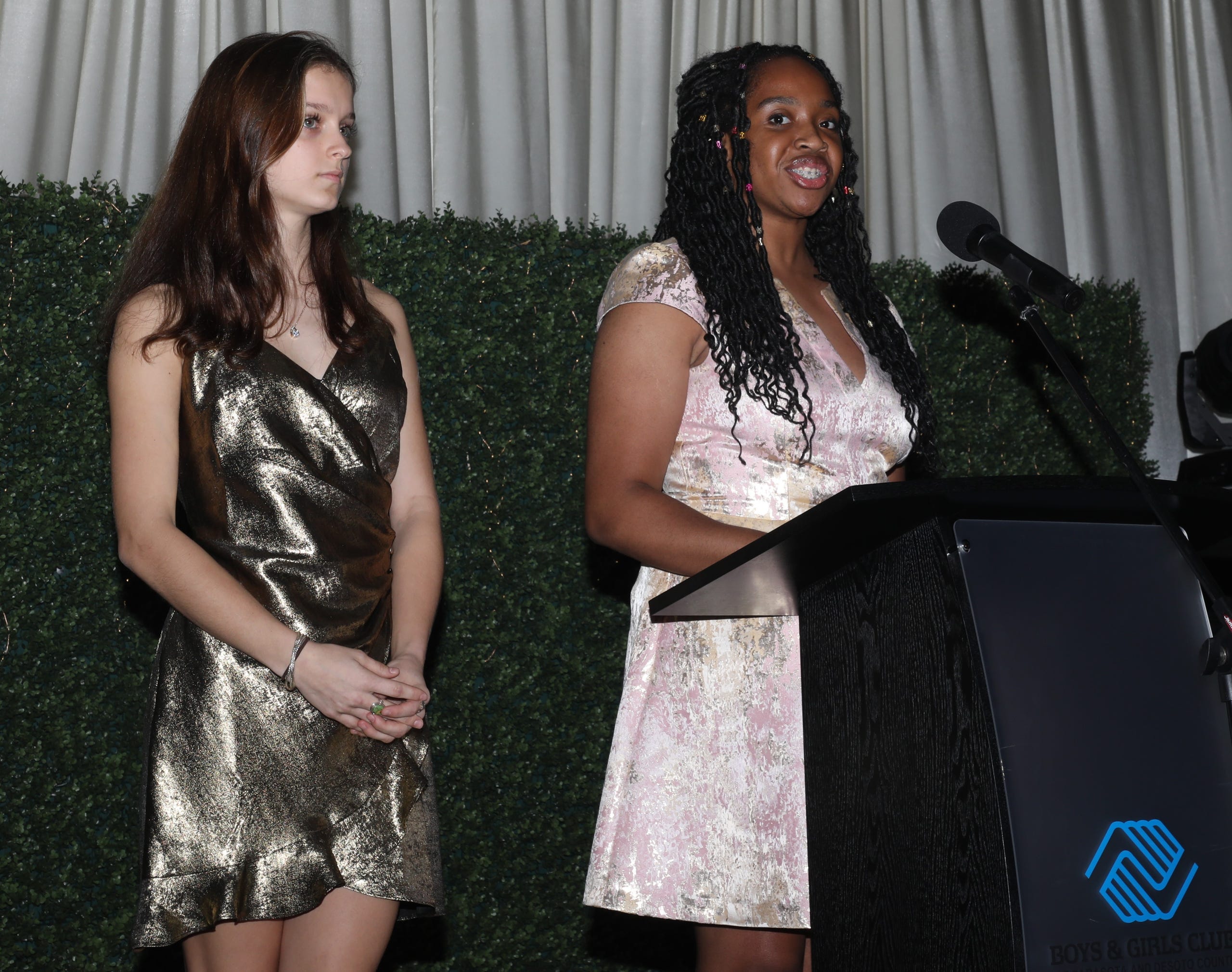 Alisa Z. (L), a senior at Sarasota High School and Bernadette N., a senior at Riverview High school gave a speech during dinner. Boys & Girls Clubs of Sarasota and DeSoto Counties held their Champions for Children Gala on November 20, 2021. Over 400 people came out to celebrate longtime supporters and donors Steven and Marjolaine Townsend who also have a scholarship fund in their name that has benefitted thirty-two college students since its inception in 2018. JANET COMBS/HERALD-TRIBUNE