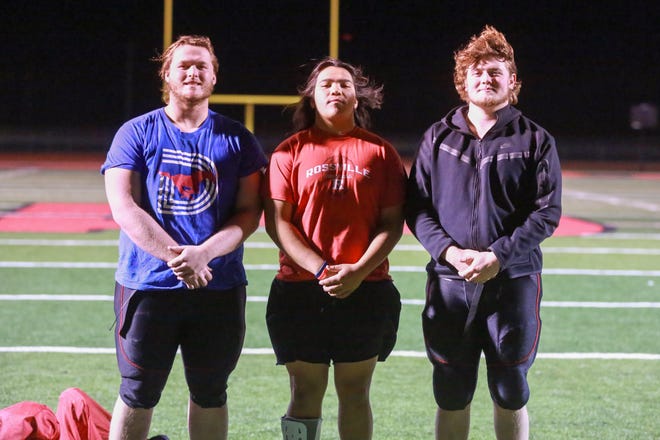 From left, Junior Jacob Carver, senior Mshewe Hale and senior Brody Leitz were the three returning linemen this year for Rossville, which takes on Beloit on Saturday for a chance at a second straight 2A state title.