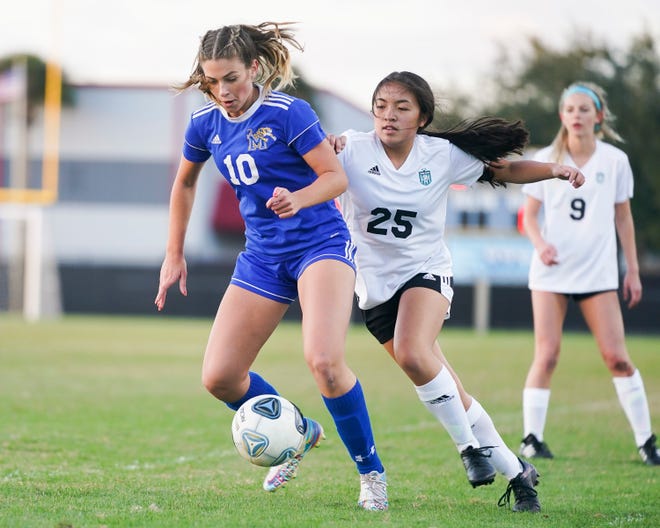 Martin County's Peyton Fitzherbert (10) takes possession of the ball as Jensen Beach's Zoe Jendrusiak (25) defends in a high school girls soccer match on Tuesday, Nov. 23, 2021, at Martin County High School in Stuart.