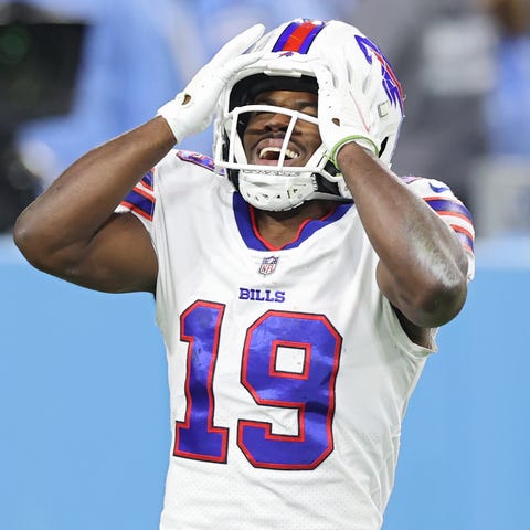 Isaiah McKenzie #19 of the Buffalo Bills reacts af