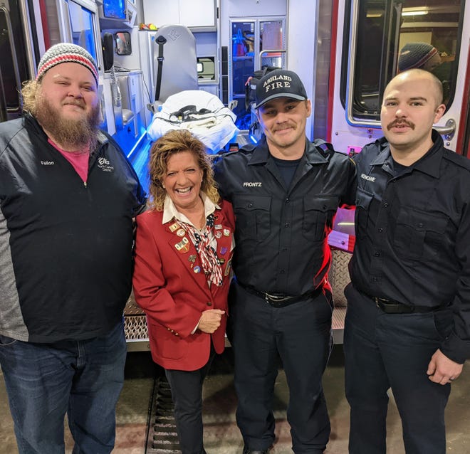From left, Ashland Elks 1360 Grant Coordinator Mike Fallon, Leading Knight Chris Box and firefighters/paramedics Trent Frontz and Josh Herncane during a check presentation by the Elks to the Ashland Fire Service to purchase new vacuum splints.