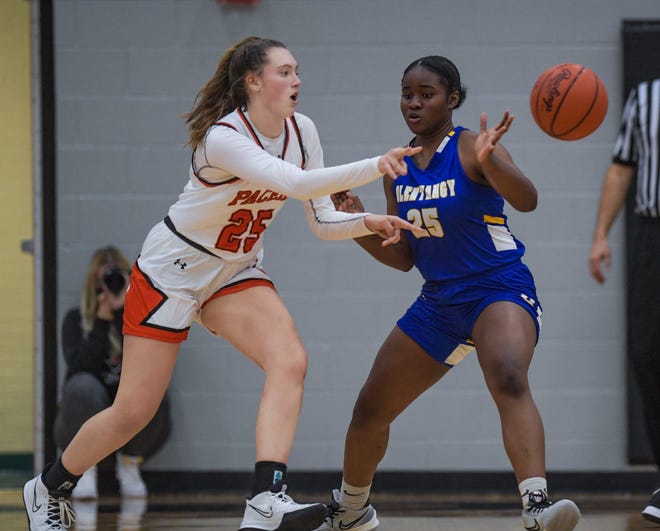 Delaware Hayes' Porter Barickman makes a pass while Olentangy's Danielle Arhin defends during their game Nov. 23. Both are key players for their respective teams. After previously playing inside for the Pacers, Barickman also will see time on the perimeter this season.