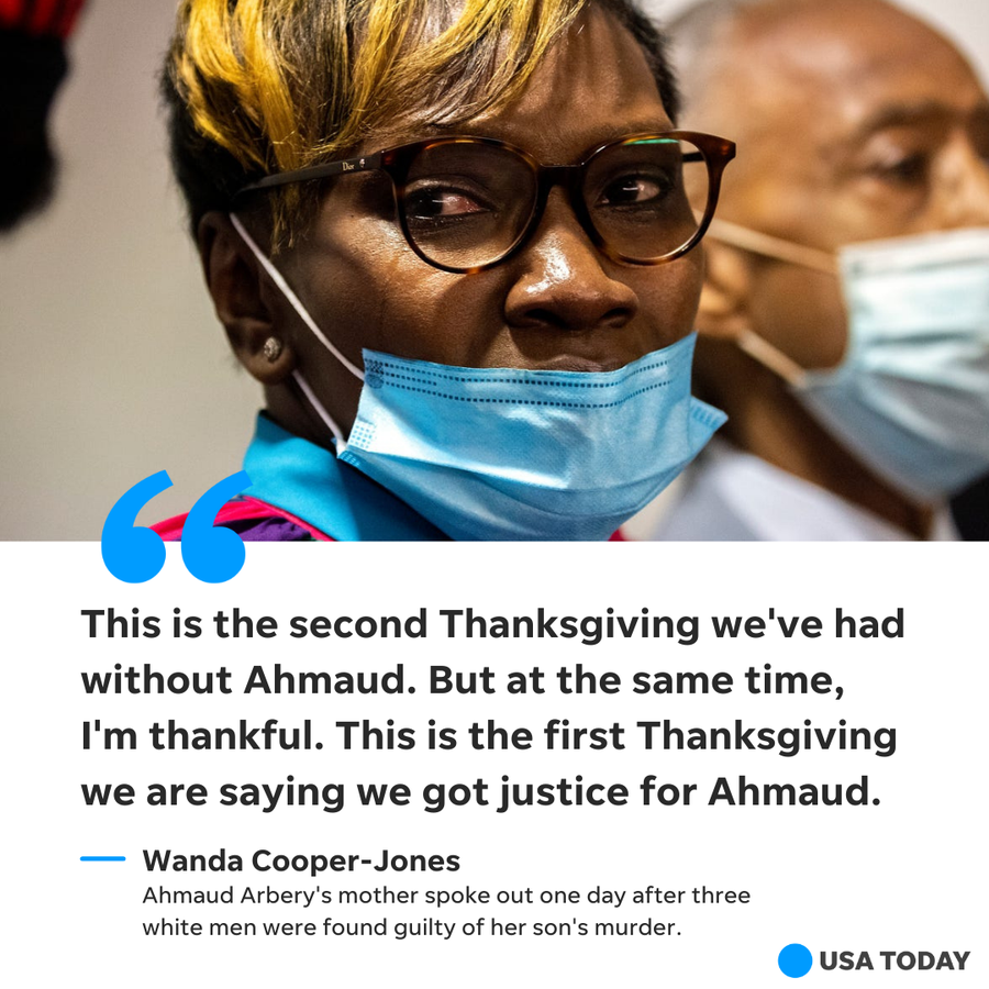 Wanda Cooper-Jones, the mother of Ahmaud Arbery, reacts after a jury convicted Travis McMichael in the murder of her son.