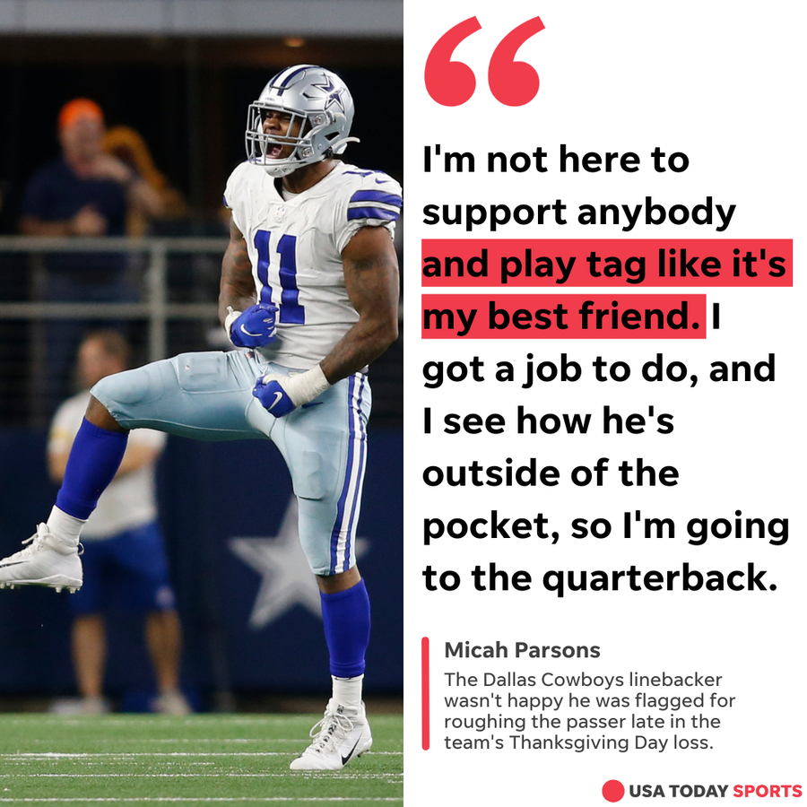 Dallas Cowboys linebacker Micah Parsons celebrates making a play against the Las Vegas Raiders at AT&T Stadium in Arlington Texas, on Thursday, Nov. 25, 2021.