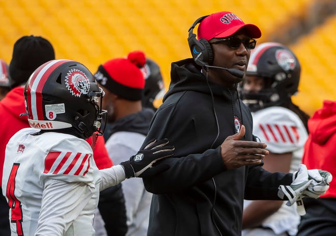 Aliquippa head coach Mike Warfield on the sidelines against Belle Vernon in the WPIAL 4A Championship on Saturday, Nov. 27, 2021, at Heinz Field.