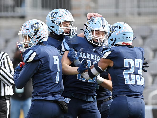 Central Valley celebrates after Jack Bible (80) scored a touchdown against North Catholic during the WPIAL Class 3A championship game, Saturday at Heinz Field.