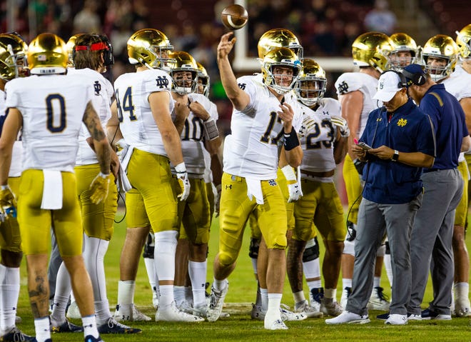 Notre Dame’s Jack Coan (17) during the Notre Dame vs. Stanford NCAA football game Saturday, Nov. 27, 2021 at Stanford Stadium in Palo Alto, Calif. 