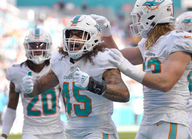Dolphins outside linebacker Duke Riley celebrate the block of punts that brought the touchdown in the first quarter of Sunday's Panthers victory.