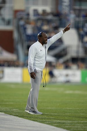 Georgia Southern interim head coach Kevin Whitley reacts to play in the first half of the game against then-No. 14  BYU on Nov. 20, 2021, at Paulson Stadium in Statesboro. BYU won 34-17.