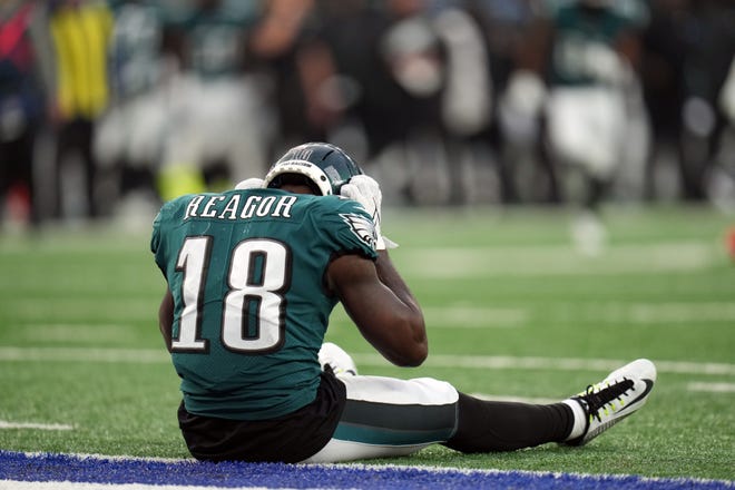 Philadelphia Eagles wide receiver Jalen Reagor (18) reacts after dropping a pass in the endzone late in the fourth quarter. The Giants defeat the Eagles, 13-7, at MetLife Stadium on Sunday, Nov. 28, 2021, in East Rutherford.