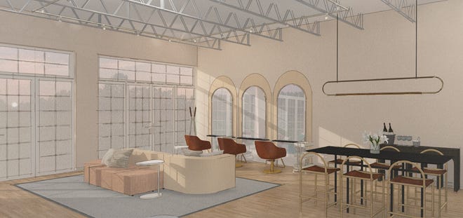 A rendering of Sunup Studios' lounge, kitchenette and hair/makeup stations