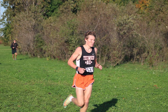 Tecumseh senior Ethan Leitner runs at the Lenawee County Cross Country Championships at Gerber Hill Park in Blissfield on Saturday, October 16.