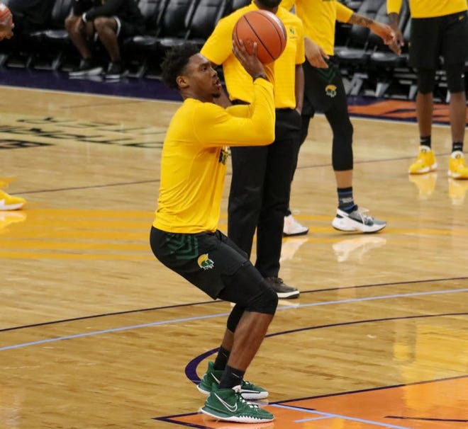 Norfolk State guard Andre Bottoms takes a shot during the shootaround ahead of Tuesday's matchup against Grambling at the HBCU Challenge hosted by Chris Paul at Footprint Center.