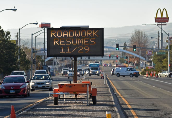 A construction sign announces the start of work on a $51 million improvement project on Oddie Boulevard on Monday, Nov. 29, 2021.