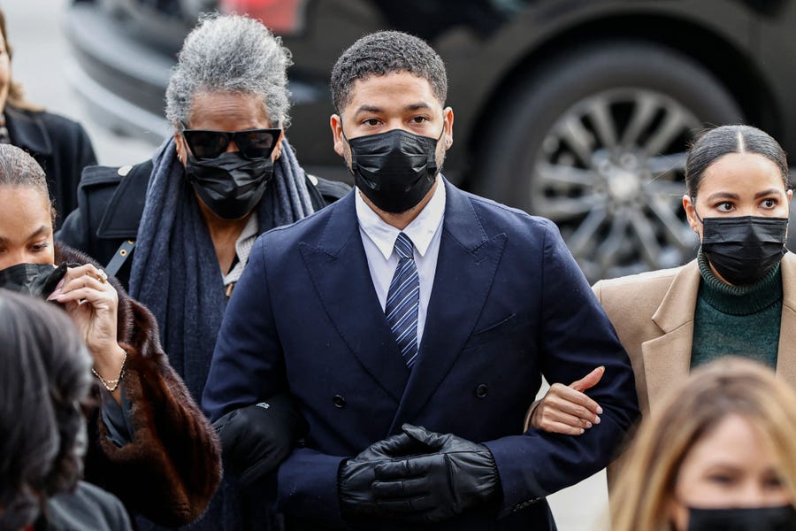 Jussie Smollett arrives at the Leighton Criminal Court Building for the beginning of his trial on new disorderly conduct charges on November 29 2021 in Chicago, Illinois. - Former "Empire" star Jussie Smollett is accused of making false reports to authorities that he was the victim of a racist and homophobic attack in 2019.