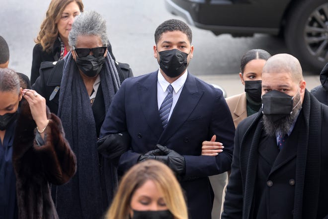 Former "Empire" actor Jussie Smollett arrives at the courthouse for the start of jury selection in his trial on Nov. 29, 2021 in Chicago.