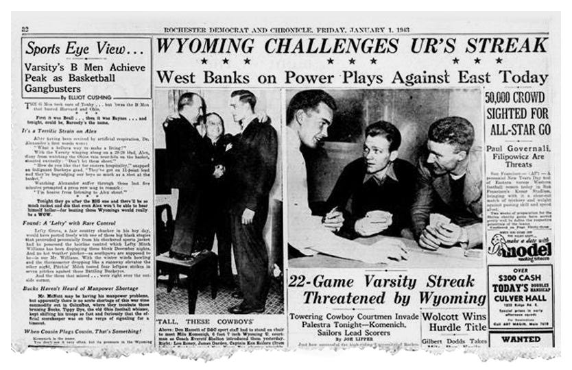 Coverage of the University of Wyoming's arrival  to Rochester on Dec. 31, 1942, one day before playing ending the Yellowjackets' 22-game winning streak.