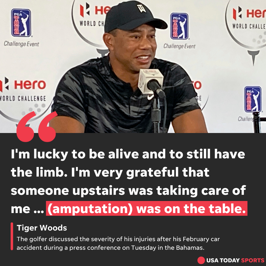 Tiger Woods holds a first press conference at the Hero World Challenge golf tournament in Nassau, Bahamas, on Tuesday, Nov. 30, 2021.