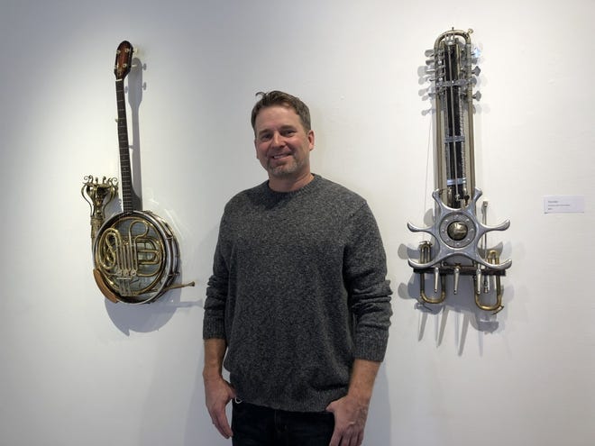 Brian Riegel with "Aerophone Deliverance" (left) and "Trombitar" (right)
