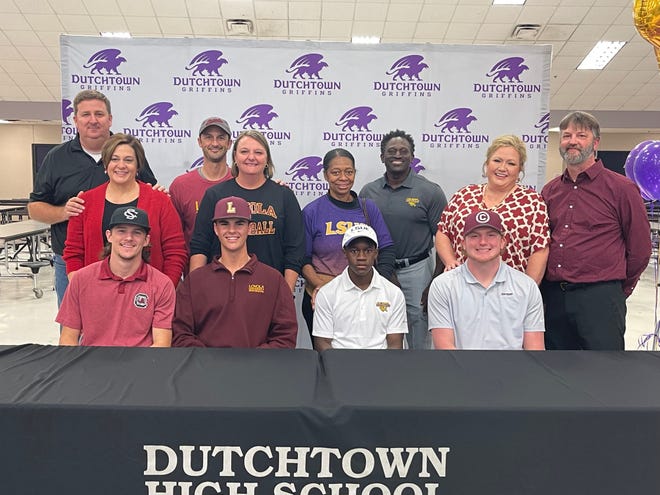 Four Dutchtown baseball players signed with colleges. From left to right: Collin Dupre, Nathan Monceaux, Reuben Williams and Caleb Ickes.