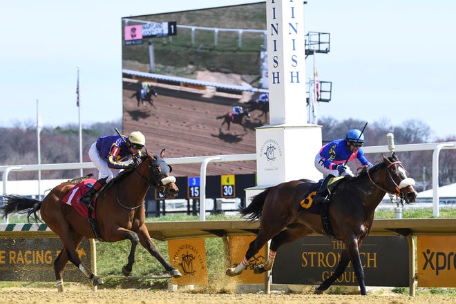 Al Brown (6), ridden by Horacio Karamanos, takes the lead against Super Dancer (1), ridden by Trevor McCarthy, during a horse race at Laurel Park Race Track on Saturday, March 14, 2020, in Laurel, Md. The track has experienced eight horse deaths since October. (AP Photo/Terrance Williams)