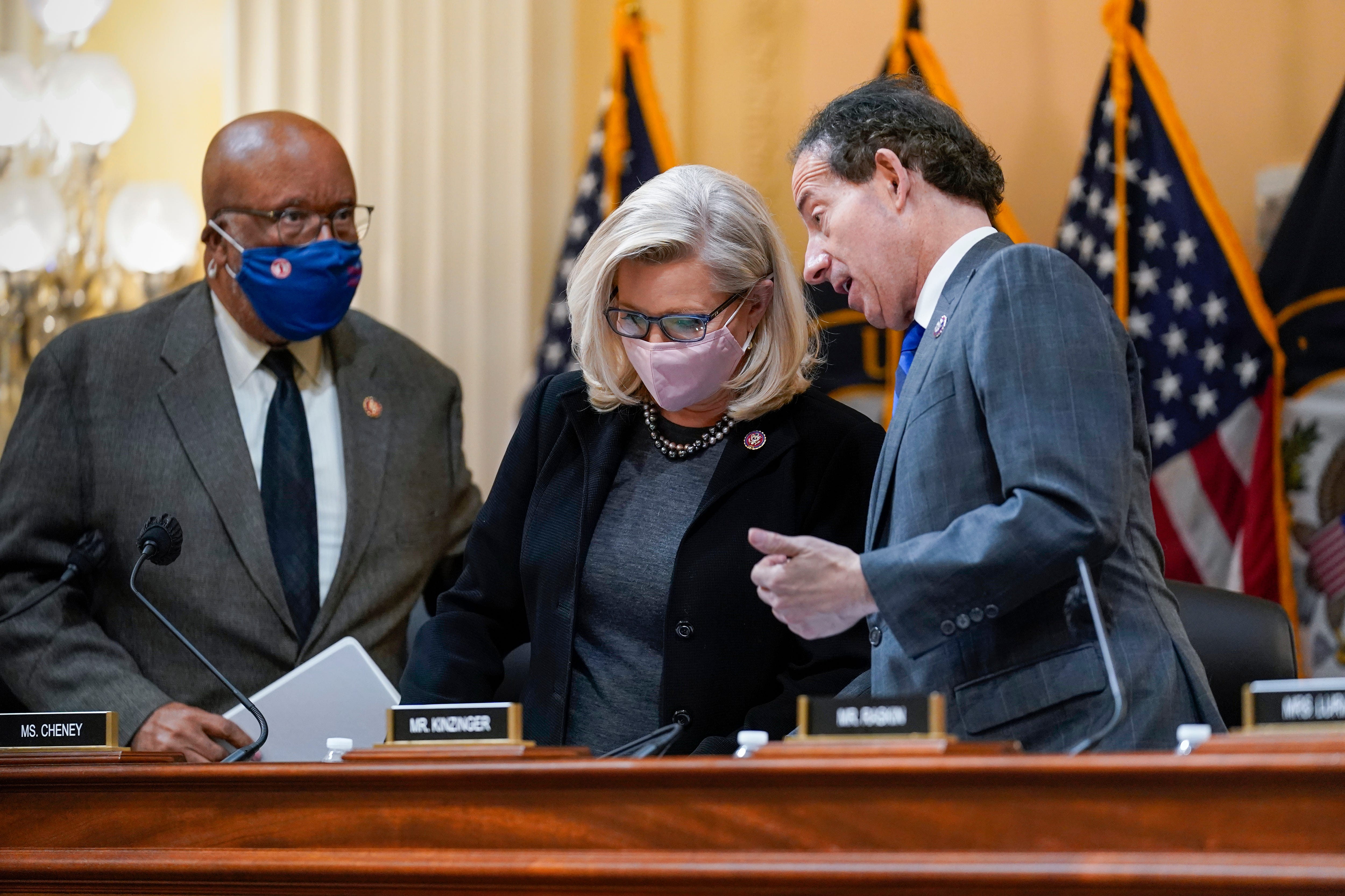 'From left, Jan. 6 committee Chairman Bennie Thompson, D-Miss., Rep. Liz Cheney, R-Wyo., and Rep. Jamie Raskin, D-Md., finish a meeting on Dec. 1, 2021.