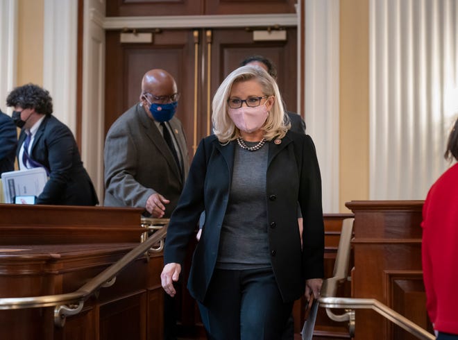 On Wednesday, Rep. Liz Cheney, R-Wyo., vice chair of the House panel investigating the Jan. 6 U.S. Capitol insurrection, leaves after voting to pursue contempt charges against Jeffrey Clark, a former Justice Department lawyer who aligned with former President Donald Trump as Trump tried to overturn his election defeat.
