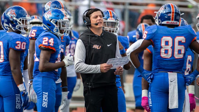 Savannah State assistant head coach Russell DeMasi during the Tigers' homecoming game Oct. 16, 2021, against Clark Atlanta at T.A. Wright Stadium. DeMasi will serve as interim head football coach as of Dec. 7 with the resignation of head coach Shawn Quinn, also effective Dec.7.