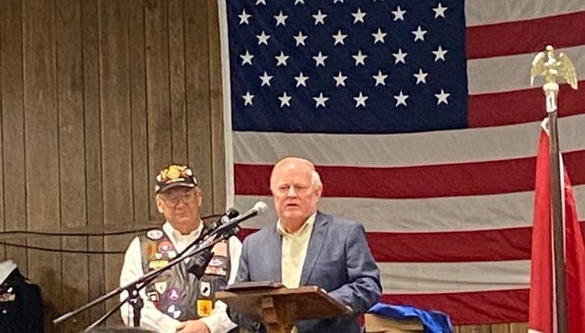 Bob Arrington speaks at he VFW Post on Airways Boulevard in Jackson just after being honored for his service and commitment to veterans at Arrington Funeral Directors.