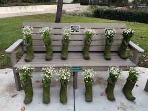 A bench commemorating victims and those impacted by the Borderline Bar & Grill shooting was unveiled at CSU Channel Islands Thursday. Twelve boot-themed planters honored those who lost their lives in the 2018 tragedy.