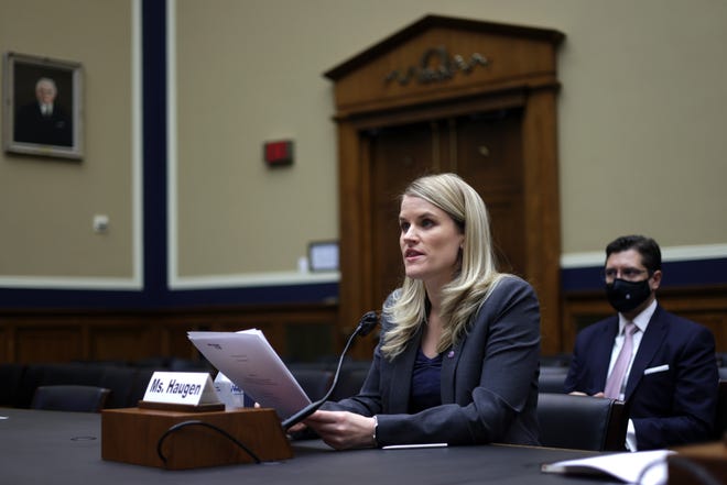 Former Facebook employee Frances Haugen testifies during a hearing before the Communications and Technology Subcommittee of House Energy and Commerce Committee December 1, 2021 on Capitol Hill in Washington, DC.