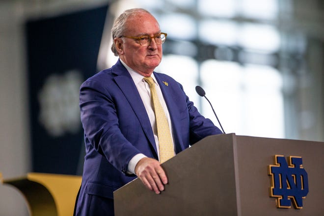 Athletic Director Jack Swarbrick during a press conference announcing Marcus Freeman as the new Notre Dame head football coach Monday, Dec. 6, 2021 at the Irish Athletic Center in South Bend.