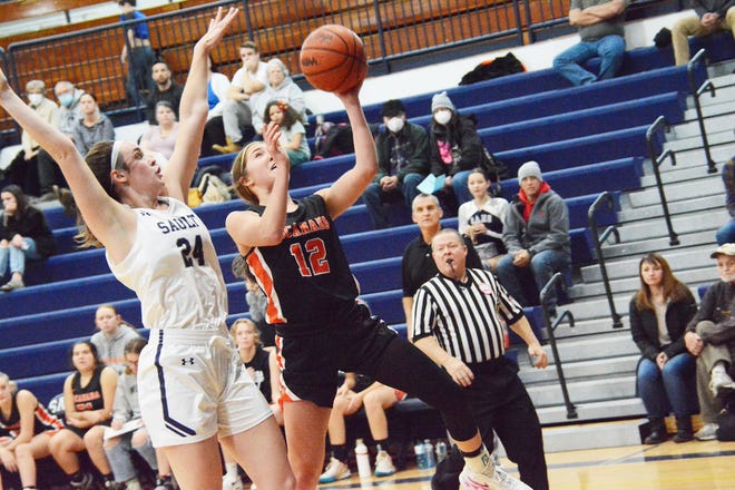 Sault High's Claire Erickson (24) defends against Escanaba's Keira Maki (12) during a girls basketball game Friday night. The Blue Devils beat the Eskymos 54-44 in their season opener.