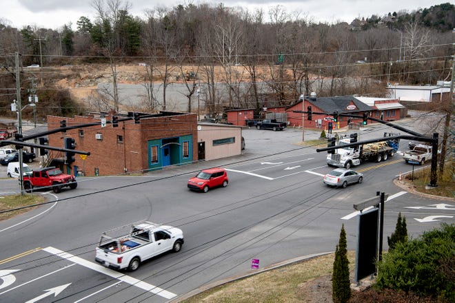 A view overlooking the intersection of Woodfin Ave and Weaverville Road in Woodfin. The town's Board of Commissioners seated two new members Feb. 15 and adopted a new steep slopes ordinance.