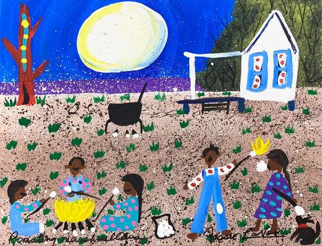 In "Roasting Marshmallows," Alabama folk artist Jessie LaVon depicts a scene from childhood.