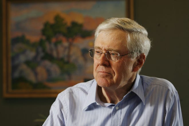 In this February 26, 2007 file photograph, Charles Koch, head of Koch Industries, talks about his book on Market Based Management. (Bo Rader/Wichita Eagle/TNS)