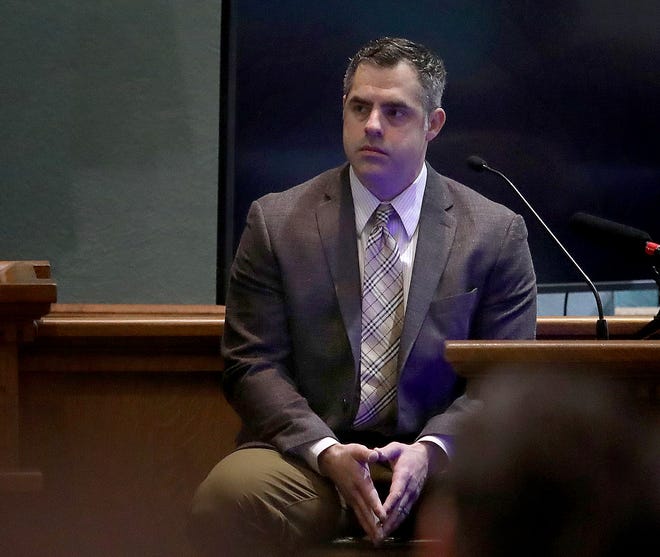 Missouri State Highway Patrol Cpl. Devin Foust is cross-examined on Tuesday, Dec. 7, 2021 at the Boone County Courthouse in Columbia. Foust was a chief investigator for the case of Ben Renick’s 2017 murder. (AP Pool/ Lily Dozier, Columbia Missourian)