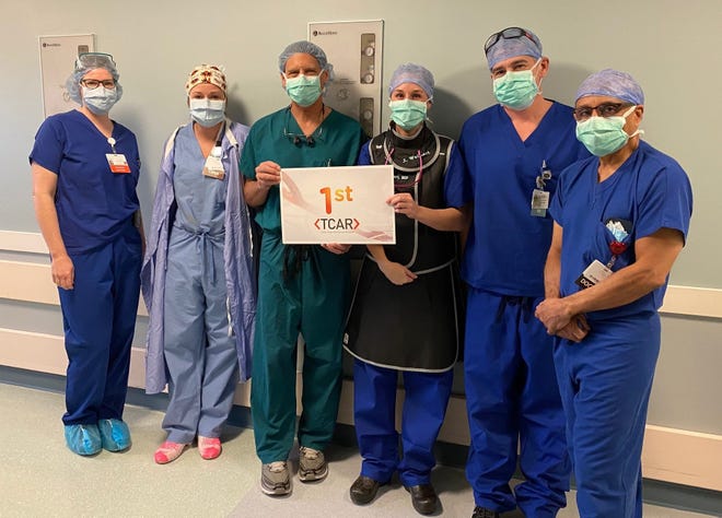 Core Vascular Surgeons at Exeter Hospital recently performed their first TransCarotid Artery Revascularization (TCAR) procedure. Left to right are Rebecca Gamester, PA-C; Sarah Hutchinson, APRN; Richard Powell, MD; Jessica Wallaert, MD; Edward Paradis, RN; Eric Leefmans, MD.