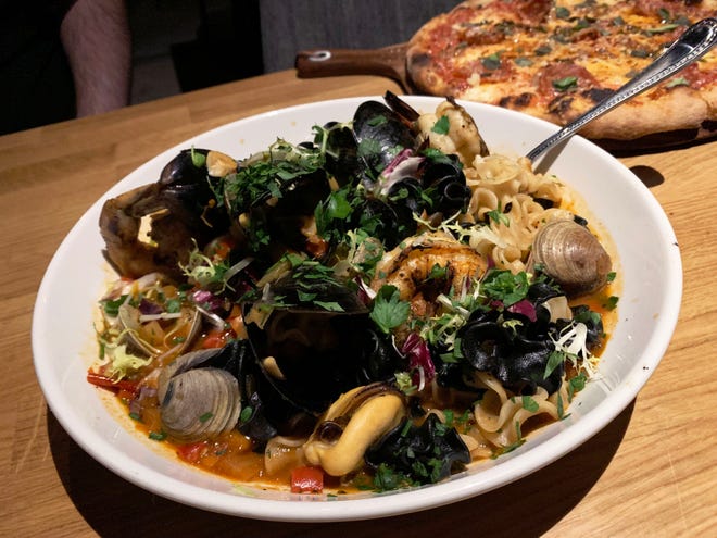 Mafaldini Pescatore is a seafood pasta with shrimp, mussels and clams at Campo.