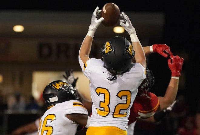 Saguaro's Thomas Dechesaro (32) makes an interception against Chaparral and runs it back for a touchdown during their game Sept, 24, 2021 in Scottsdale.