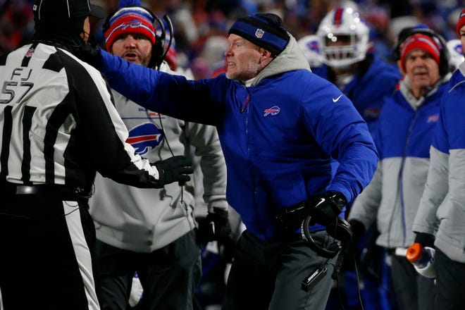 Buffalo Bills head coach Sean McDermott talks with a referee during the first half of an NFL football game against the New England Patriots in Orchard park, N.Y., Monday Dec. 6, 2021. (AP/ Photo Jeffrey T. Barnes)